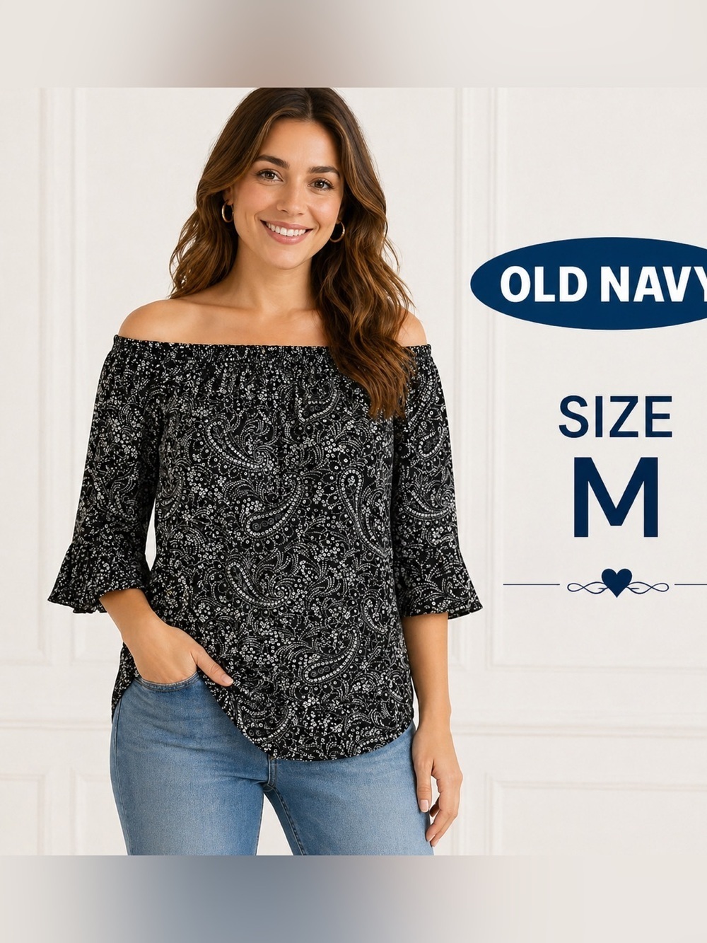 Old Navy Off-Shoulder black & white Paisley Top - Size M
